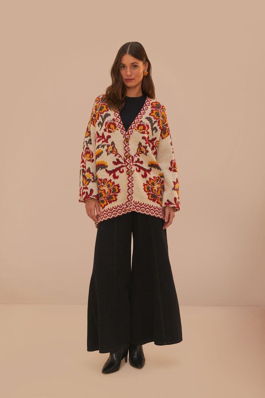 Farm Rio Cream Toucans Scarf Knit Cardigan